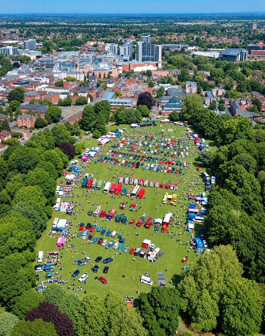 Aerial view of the Basingstoke Festival of Transport with rows of classic vehicles and crowds